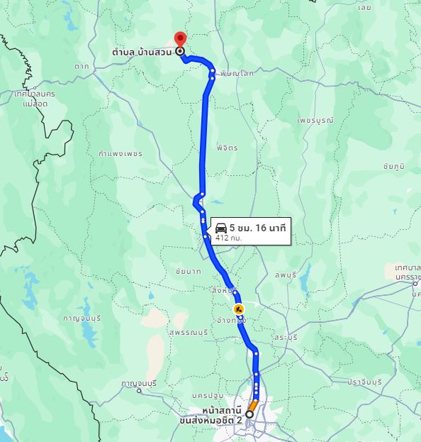 สถานีขนส่งผู้โดยสารกรุงเทพ จตุจักร (หมอชิต2) to จุดจอดตำบลบ้านสวน(วินทัวร์ใกล้เฮงลิสซิ่ง)