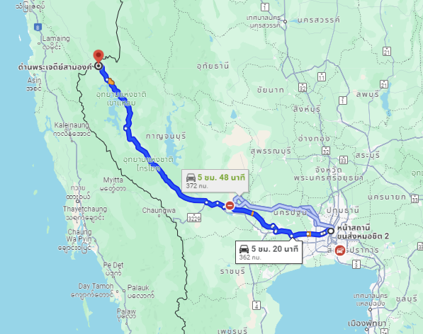 สถานีขนส่งผู้โดยสารกรุงเทพ จตุจักร (หมอชิต2) to จุดจอดด่านเจดีย์สามองค์