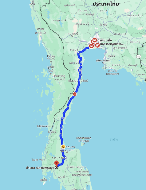 สถานีขนส่งผู้โดยสารกรุงเทพ ถนนบรมราชชนนี (สายใต้ใหม่) to จุดจอด อ.ปลายพระยา