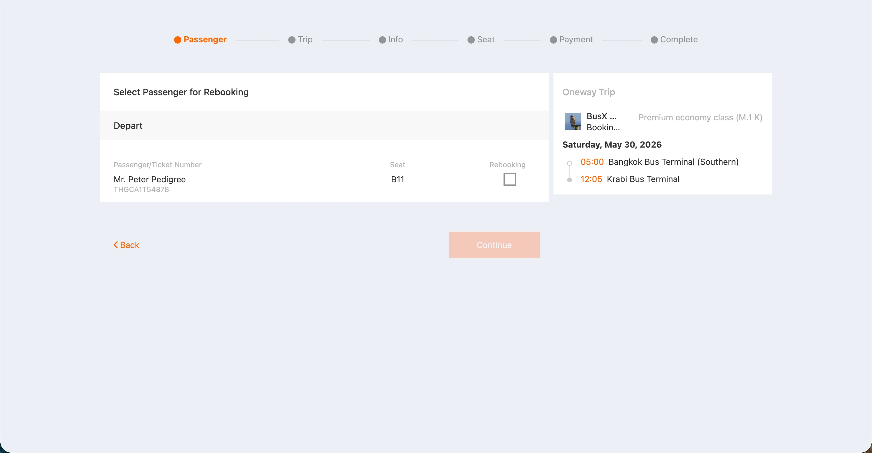 Example of selecting seat to reschedule